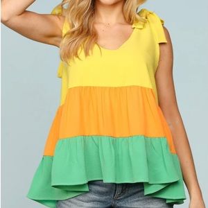 Yellow Tangerine Lime Color Block V Neck Shoulder Tie Bow Woven Top